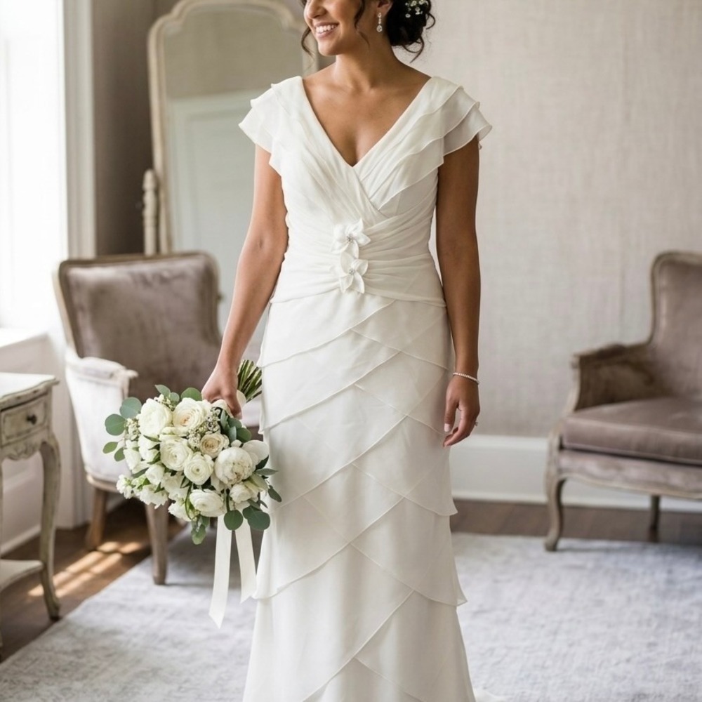 NWOT Size 12 Jovani Ivory Tiered Chiffon Flutter Sleeve Wedding Gown 154308